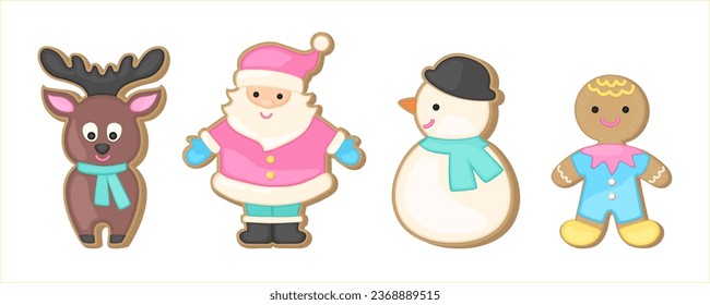 Christmas sugar cookie vector set. Cute cartoon illustration. Gingerbread cookies character design. Biscuit shape ginger bread man, Santa Claus, deer, snowman. Cute winter print.