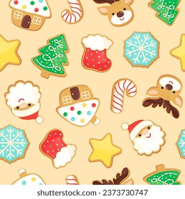 Christmas sugar cookies seamless pattern. Cute gingerbread biscuits on tan background. Winter sugar cookie shapes with bright icing repeat design. For textile print, home decor cloth, wrapping paper.