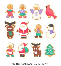 Christmas sugar cookies set. Gingerbread man, woman, Santa Claus and Mrs. Claus, reindeer, snowman, angel, cardinal bird. Cute cartoon Christmas cookie collection. Vector illustration.