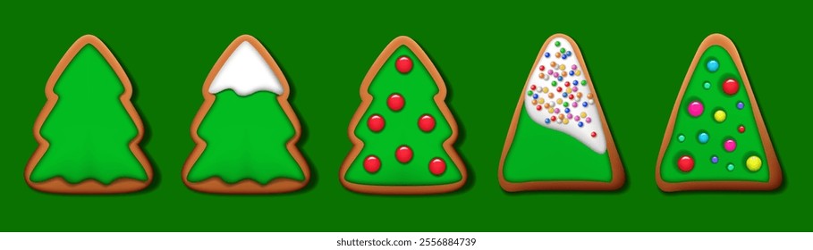Christmas sugar cookies. Sweet biscuit with icing decoration as Chridtmas trees. Christmas greeting card