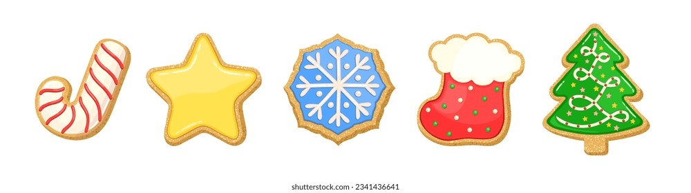 Christmas sugar cookies vector illustration. Gingerbread bisquits decorated with icing. Snowflake, star, Christmas tree, candy cane shape. Sugar cookie home cooking theme. Cute cartoon winter design.