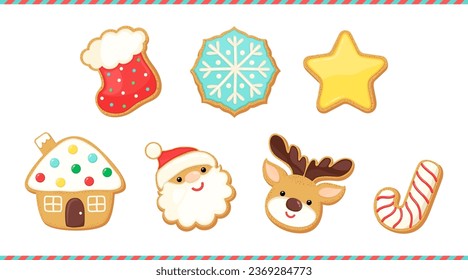 Christmas sugar cookies vector illustration set. Cute cartoon gingerbread cookie icons. Biscuit shape Santa Claus face, reindeer head, snowflake cookie, star shape bisquit. Winter design elements.