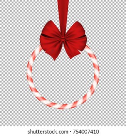 Christmas sugar sweet red lollipop with red realistic ribbon on a transparent background. Round banner. Sweet gift. Happy New Year. Vector illustration