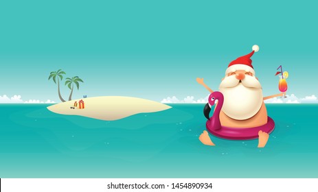 Christmas summer background with Santa Claus in flamingo float and sandy island - vector illustration