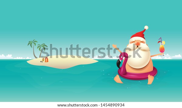 クリスマスの夏の背景にフラミンゴの山車と砂の島にサンタクロース ベクターイラスト のベクター画像素材 ロイヤリティフリー