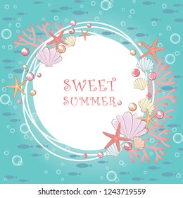 Christmas summer banner with starfish, sea shell, coral, candy and school of fish under the sea vector background.