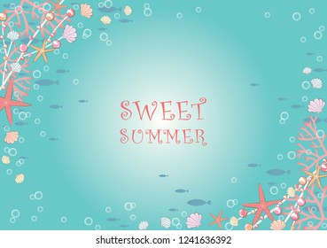 Christmas summer border under the sea with starfish, sea shell, candy, coral, Christmas balls and school of fish vector.
