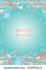Christmas summer frame with starfish, sea shell, candy, coral and Christmas ball vector for decoration.