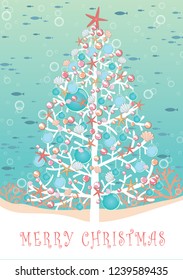 Christmas summer tree decoration with sea shell, coral, starfish, candy and Christmas ball under the sea among school of fish background.