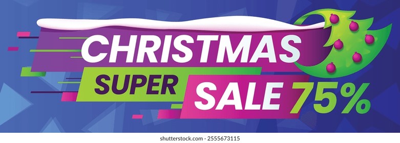 Christmas super sale banner advertising 75 percent discount with christmas tree and snow on blue polygonal background promoting seasonal discounts