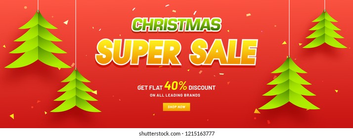 Christmas Super Sale header or banner design with 40 percent discount offer and paper xmas tree hang on glossy red background.