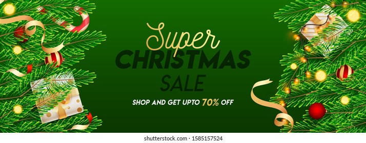 Christmas Super Sale Header or Banner Design with 70% Discount offer, Pine Leaves, Baubles, Gift Boxes and Lighting Garland Decorated on Green Background.