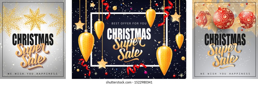 Christmas Super Sale poster set. Hanging baubles, red balls, golden snowflakes, sparkles, text in frame. Vector illustration for advertising design, flyer and banner templates