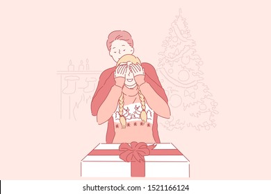 Christmas, surprise, family concept. Young man prepared a gift to his girlfriend closed her eyes with his hands for Christmas or new year at home. Loving couple. Vector flat design.