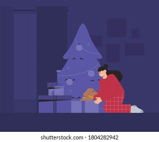 Christmas surprise, gift in box - dog home pet for child. Child opens a Christmas gift near the tree in a cozy room. Flat vector illustration.