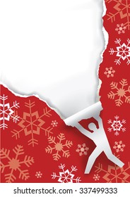 Christmas surprise. Paper male silhouette ripping christmas paper background.
Unwrapping gift. Vector.