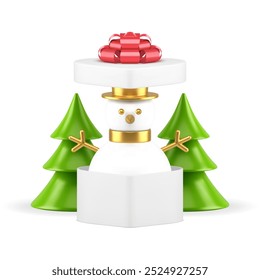 Christmas surprise snowman toy in gift box winter holiday celebrate 3d icon realistic vector illustration. Luxury Xmas New Year present bauble white open heart container with green spruce composition