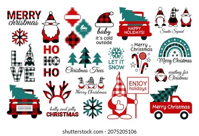 Christmas SVG bundle. Happy New Year. Buffalo plaid snowflakes. Christmas gnomes. Santa Claus squad. Arabesque tile ornament. Red truck with Christmas trees. Boho rainbow. Reindeer antlers. svg