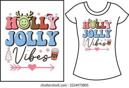 Christmas SVG typography retro t shirt design, Christmas family gift t shirt design. Holly jolly vibes Groovy  Christmas