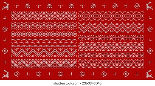 Christmas sweater borders, frames and patterns. Winter holiday, Christmas spacers or vector borders with ugly sweater patterns, knitwear texture. Xmas winter holiday wool jumper pattern lines set