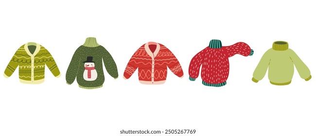 Christmas Sweater. Cartoon sweaters set. Knitted comfort christmas winter clothing. Wool cozy cute hand drawn cardigan. Vector illustration isolated on white background.