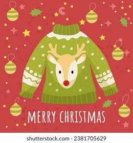 Christmas sweater. Cute flat style. Postcard. Merry Christmas. Vector illustration.