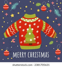 Christmas sweater. Cute flat style. Postcard. Merry Christmas. Vector illustration.