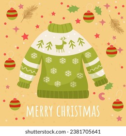 Christmas sweater. Cute flat style. Postcard. Merry Christmas. Vector illustration.