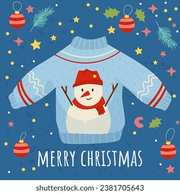 Christmas sweater. Cute flat style. Postcard. Merry Christmas. Vector illustration.