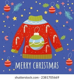 Christmas sweater. Cute flat style. Postcard. Merry Christmas. Vector illustration.