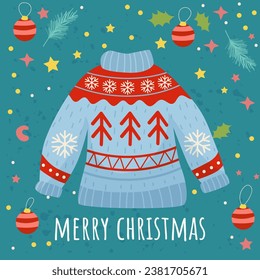 Christmas sweater. Cute flat style. Postcard. Merry Christmas. Vector illustration.