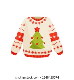Christmas sweater with cute holiday ornament, knitted warm winter jumper vector Illustration on a white background