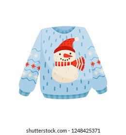 Christmas sweater with cute snowman, knitted warm winter jumper vector Illustration on a white background
