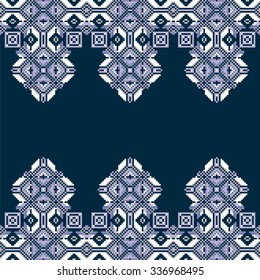 Christmas sweater design. Norvegian nordic scandinavian pattern for knit and embroidery, blue an white - stock vector.  Geometric ethnic spokes knitwear pattern, winter christmas background, card