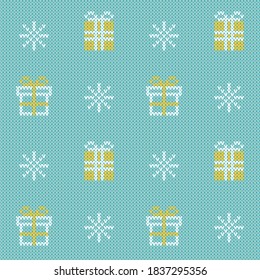 Christmas sweater gift box pattern. Seamless winter pattern with little white and yellow gift boxes and white snowflakes. Knitted texture background. Ideal for gift wrapping and decorating.