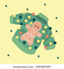 Christmas sweater with gingerbread cookie on color background