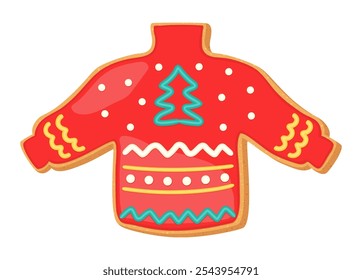 Christmas sweater gingerbread sugar cookie. Cute cartoon vector illustration home shortbread. Ugly sweater red sugar icing. Shortcrust pastry bakery. Winter holiday sweet gingerbread shortcake.