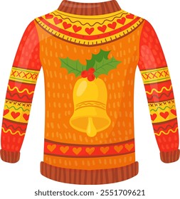 Christmas sweater with holiday bell. Cartoon knitwear icon isolated on white background