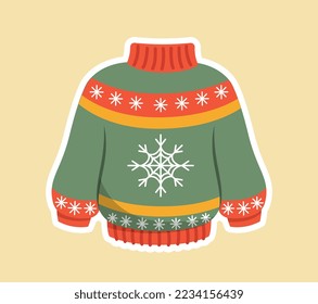 Christmas sweater icon. Warm clothes for winter season. Fashion, trend and style, culture and traditions. Design element for invitation and greeting postcard. Cartoon flat vector illustration