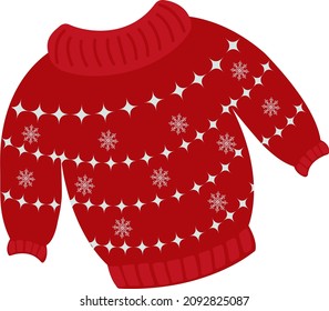 Suéter navideño o saltador con patrones de invierno con copos de nieve. Lámina caliente de lana de punto en tonos rojos. Ilustración vectorial hecha a mano en estilo de caricatura. Moda de invierno.