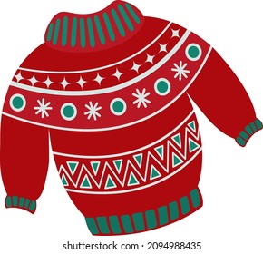 Christmas sweater or jumper with winter patterns with snowflakes. Knitted woolen warm pullover in red tones. Vector hand-drawn illustration in cartoon style. Winter fashion.