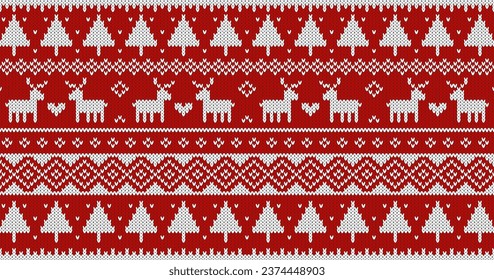 Christmas sweater knitted pattern with deer and trees. White ornament on red background. Vector design. 
