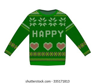 Christmas sweater - knitted texture, snowflake and heart. Vector