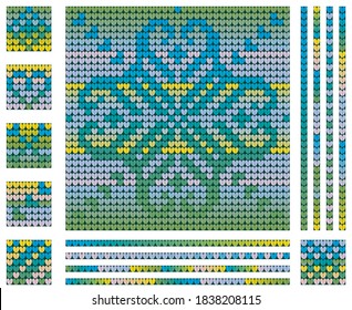 Christmas sweater knitting pattern with winter flower, gradient green blue yellow colors
