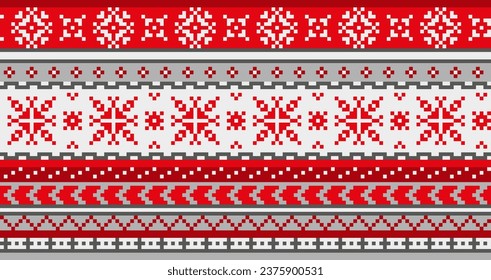 Christmas sweater long seamless pattern with red and gray color, Sami people folk art design, traditional knitting and embroidery. Vector illustration background.