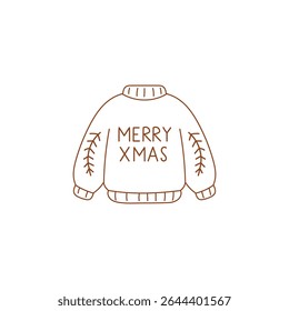 A Christmas sweater with Merry Xmas written on it. The pullover is drawn in a simple style