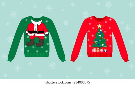 Christmas sweater on blue background with snowflakes