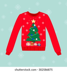 Christmas sweater on blue background with snowflakes