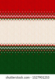 Christmas sweater ornament. Vector illustration knitted background seamless pattern scandinavian ornament. White, green, red colored knitting frame border template