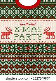 Christmas sweater party invite. Vector illustration Handmade knitting background pattern with knitted collar, deers, snowflakes, scandinavian ornaments. White, red, green colors. Flat style